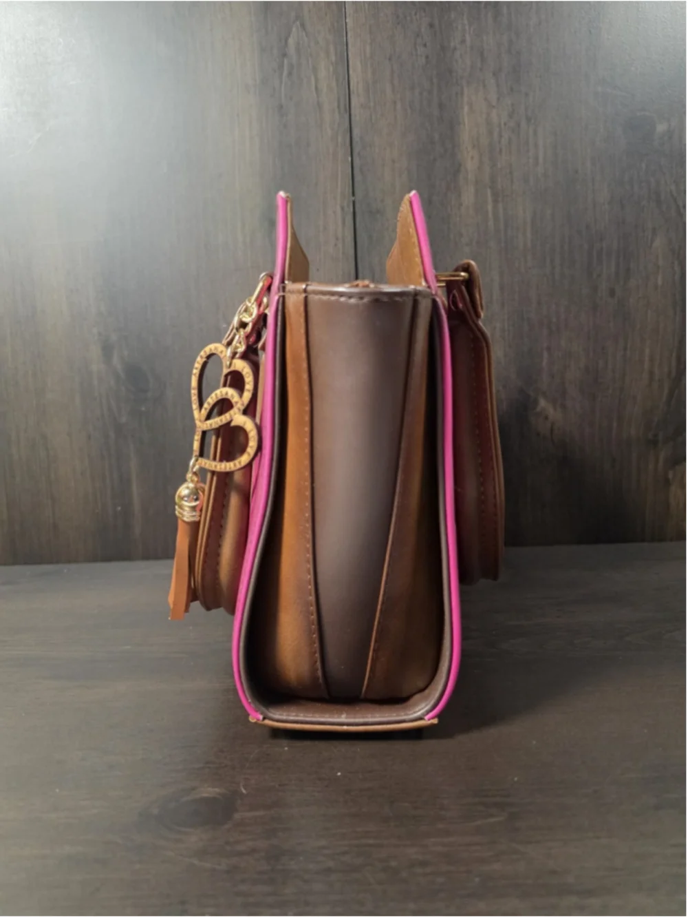 Mexican Hummingbird Embossed VEGAN Leather Handbag – Magenta Pink & Cognac Brown